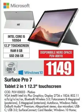 Microsoft Surface Pro 7 Tablet 2 In 1 12.3'' Touchscreen Cod. PUV-00003