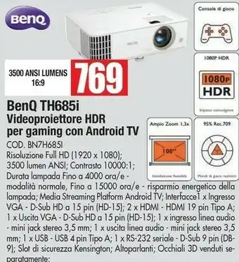 Vobis Benq TH685i Videoproiettore Proiettore Desktop 3500 ANSI Lumen DLP 1080p (1920x1080) Compatibilità 3D Bianco offerta