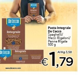 Crai De cecco pasta integrale offerta