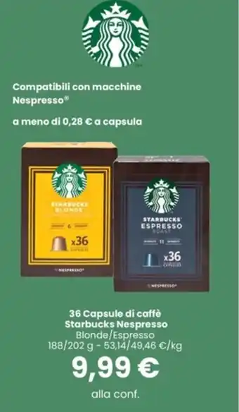 Interspar 36 Capsule di caffè Starbucks Nespresso Blonde/Espresso 188/202 g offerta