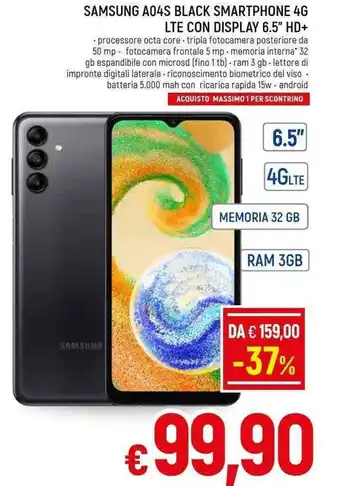 Galassia SAMSUNG A04S BLACK SMARTPHONE 4G LTE CON DISPLAY 6.5" HD+ offerta