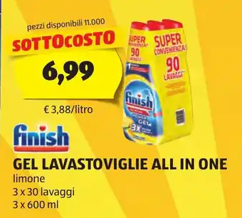 ALDI finish GEL LAVASTOVIGLIE ALL IN ONE 3 x 600 ml offerta