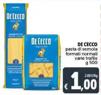 Deco Supermercati DE CECCO DE CECCO pasta di semola formati normali varie trafile g 500 offerta