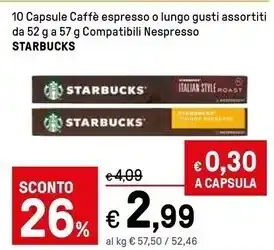 Iper La Grande Starbucks 10 capsule caffe espresso offerta