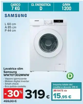 Carrefour Samsung WW70T302MWW Lavatrice Libera Installazione Caricamento Frontale 7 Kg 1200 Giri/min D Bianco offerta