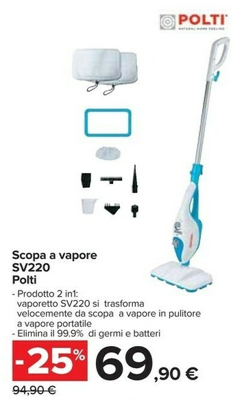 Carrefour Polti Vaporetto SV220 Pulitore A Vapore Verticale 0,32 L Turchese, Bianco 1300 W offerta