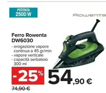 Carrefour Rowenta Eco Intelligence DW6030 Ferro Da Stiro A Vapore, 2500 W, Plastica, Nero/Verde offerta