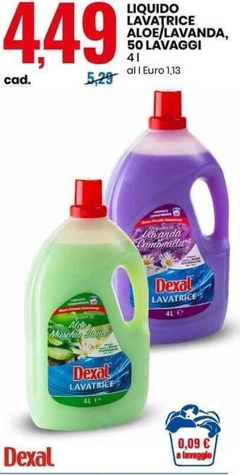 Eurospin Dexal LIQUIDO LAVATRICE ALOE/LAVANDA, 50 LAVAGGI 4 l offerta