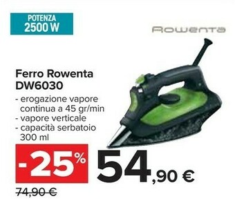 Carrefour Rowenta Eco Intelligence DW6030 Ferro Da Stiro A Vapore, 2500 W, Plastica, Nero/Verde offerta