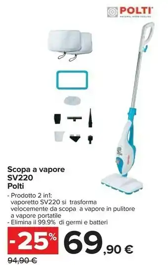 Carrefour Polti Vaporetto SV220 Pulitore A Vapore Verticale 0,32 L Turchese, Bianco 1300 W offerta