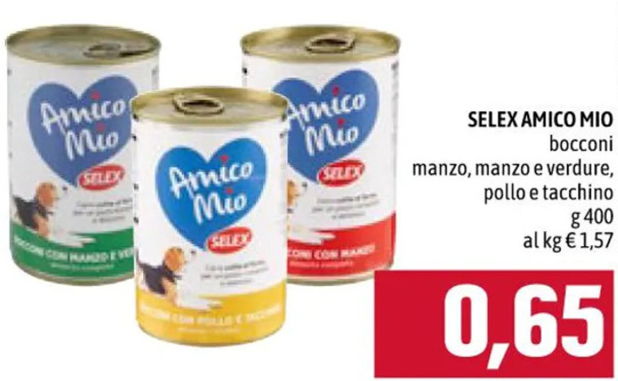 Famila SELEX AMICO MIO bocconi manzo, manzo e verdure, pollo e tacchino g 400 offerta