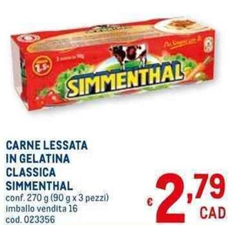 Metro CARNE LESSATA IN GELATINA CLASSICA SIMMENTHAL conf. 270 g (90 g x 3 pezzi) offerta