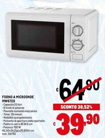 Metro FORNO A MICROONDE MW6720 offerta