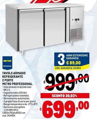 Metro TAVOLO ARMADIO REFRIGERANTE 2 PORTE METRO PROFESSIONAL offerta
