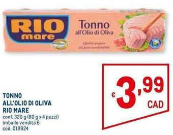 Metro TONNO ALL'OLIO DI OLIVA RIO MARE conf. 320 g (80 g x 4 pezzi) offerta