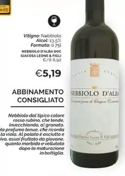 Mercatò Giacosa leone & figli nebbiolo d'alba doc offerta