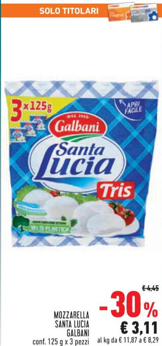 Conad Margherita MOZZARELLA SANTA LUCIA GALBANI conf. 125 g x 3 pezzi offerta