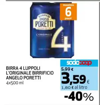 Coop BIRRA 4 LUPPOLI L'ORIGINALE BIRRIFICIO ANGELO PORETTI 4x500 ml offerta