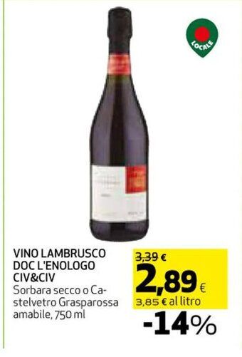 Coop VINO LAMBRUSCO DOC L'ENOLOGO CIV&CIV 750 ml offerta