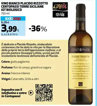 Coop VINO BIANCO PLACIDO RIZZOTTO CENTOPASSI TERRE SICILIANE IGT BIOLOGICO 750 ml offerta