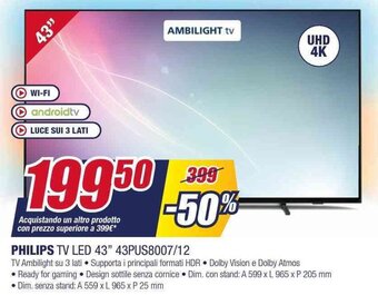 Trony PHILIPS TV LED 43" 43PUS8007/12 offerta