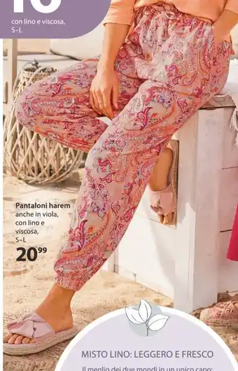 Pantaloni harem anche in viola, con lino e viscosa, S-L