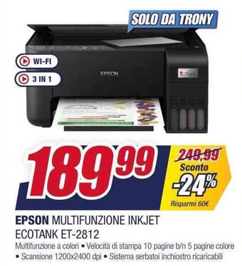 Trony EPSON MULTIFUNZIONE INKJET ECOTANK ET-2812 offerta