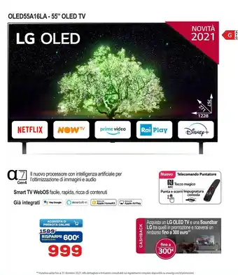Euronics LG OLED55A16LA TV 139,7 Cm (55") 4K Ultra HD Smart TV Wi-Fi Nero offerta