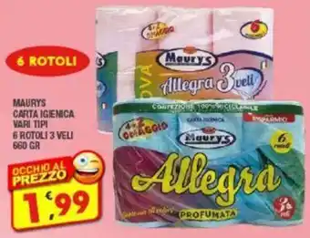 Maury's MAURYS CARTA IGIENICA VARI TIPI 6 ROTOLI 3 VELI 660 GR offerta