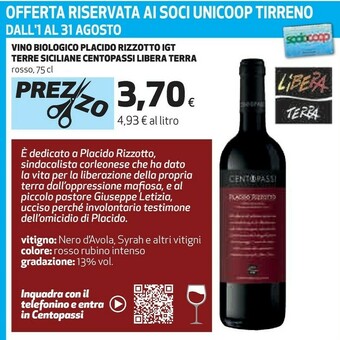 Coop Centopassi Vino Biologico Placido Rizzotto Igt Terre Siciliane offerta
