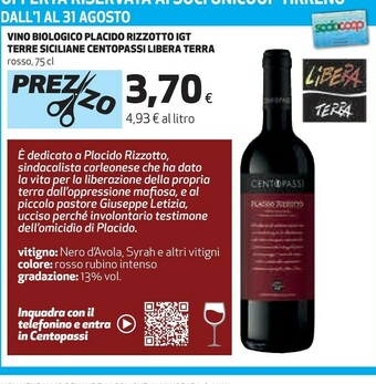 Coop Centopassi Vino Biologico Placido Rizzotto Igt Terre Siciliane offerta