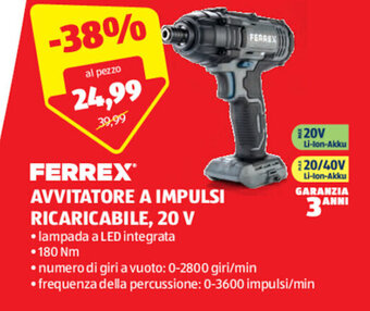 ALDI FERREX AVVITATORE A IMPULSI RICARICABILE, 20 V offerta