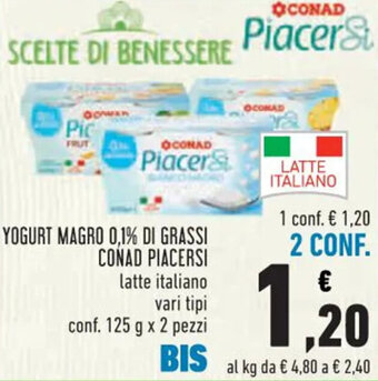 Conad YOGURT MAGRO 0,1% DI GRASSI CONAD PIACERSI 125 g x 2 pezzi offerta