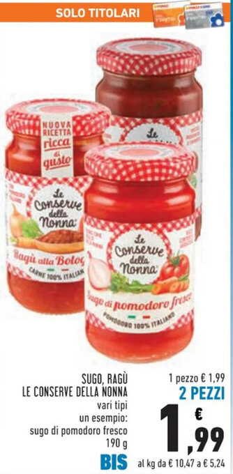 Conad SUGO, RAGÙ LE CONSERVE DELLA NONNA 190 g offerta