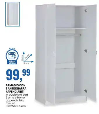 Eurospin ARMADIO CON 2 ANTE E BARRA APPENDIABIT 81x52x175 h cm. I offerta