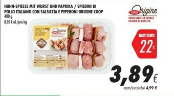 Coop Origine Coop Spiedini Di Pollo Italiano Con Salsiccia E Peperoni offerta