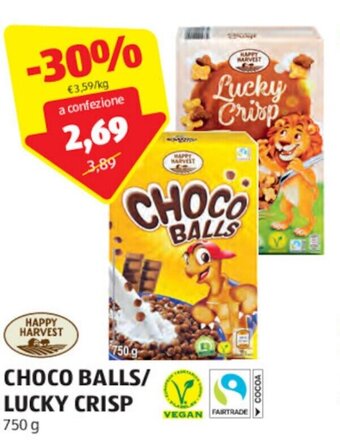 ALDI HAPPY HARVEST CHOCO BALLS/ LUCKY CRISP 750 g offerta