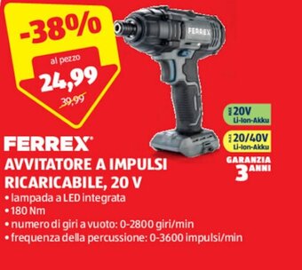 ALDI FERREX AVVITATORE A IMPULSI RICARICABILE, 20 V offerta
