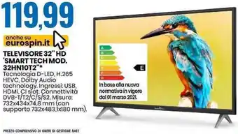 Eurospin TELEVISORE 32" HD 'SMART TECH MOD. 32HN10T2"* offerta