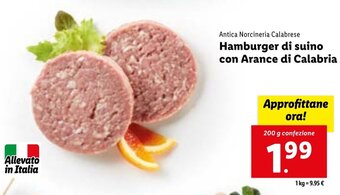 Lidl Antica Norcineria Calabrese Hamburger di suino con Arance di Calabria 200 g confezione offerta