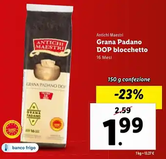 Lidl Antichi Maestri Grana Padano DOP blocchetto 16 mesi 150 g confezione offerta