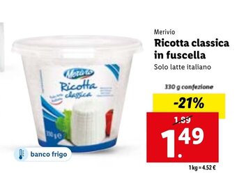 Lidl Merivio Ricotta classica in fuscella 330 g confezione offerta