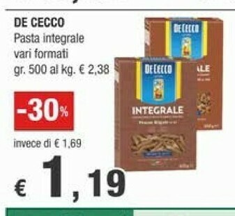 Crai De Cecco Pasta Integrale offerta