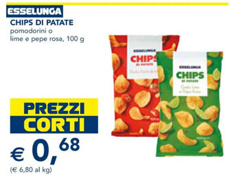 Esselunga ESSELUNGA CHIPS DI PATATE pomodorini o lime e pepe rosa, 100 g offerta