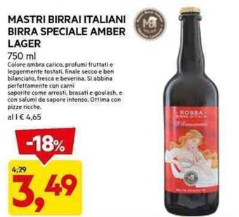 DPiù MASTRI BIRRAI ITALIANI BIRRA SPECIALE AMBER LAGER 750 ml offerta