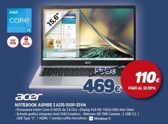 Expert acer NOTEBOOK ASPIRE 3 A315-510P-33VN offerta