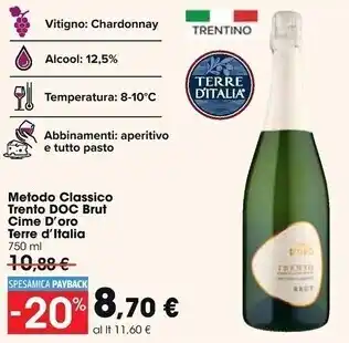 Carrefour Market Terre d'italia metodo classico trento doc brut cime d'oro offerta