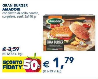 Esselunga GRAN BURGER AMADORI con filetto di pollo panato, surgelato, conf. 2x140 g offerta