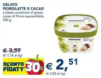 Esselunga GELATO FIORDILATTE E CACAO a basso contenuto di grassi, cacao di filiera equosolidale, 500 g offerta