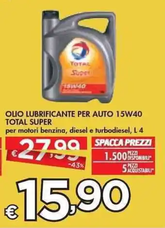 Bennet OLIO LUBRIFICANTE PER AUTO 15W40 TOTAL SUPER offerta